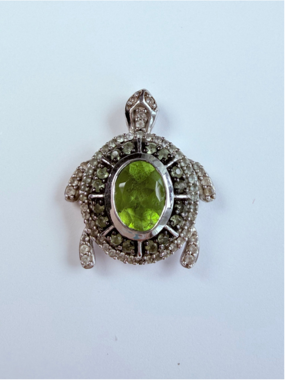 3D Sea Turtle Green Peridot & CZ 925 Sterling Silver JWBR Necklace Pendant
